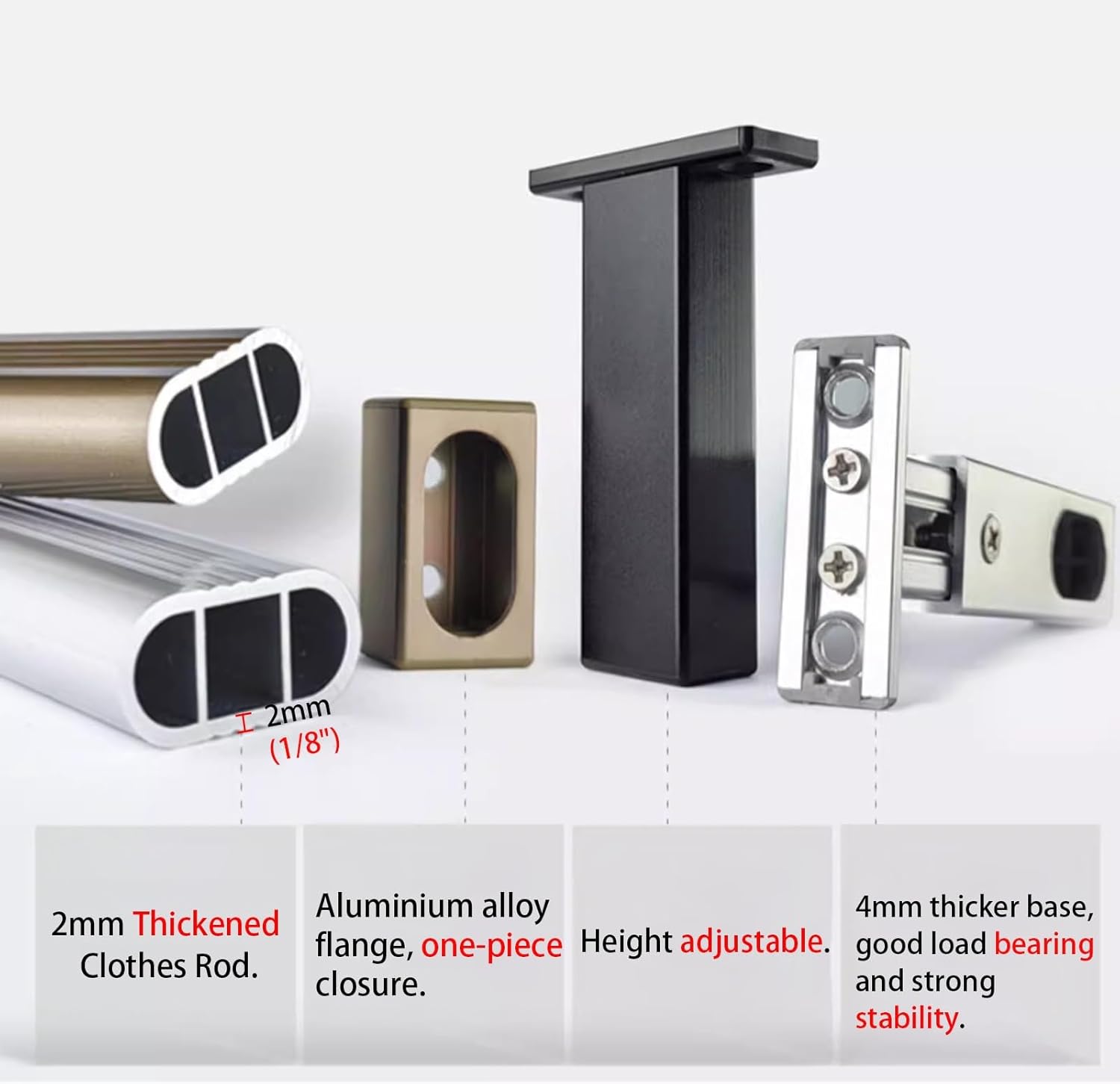 つっぱり棒 ワードローブレールロッドポールソケットエンドサポートブラケットフランジ、 黒のワードローブ用洋服パイプサポートホルダー、