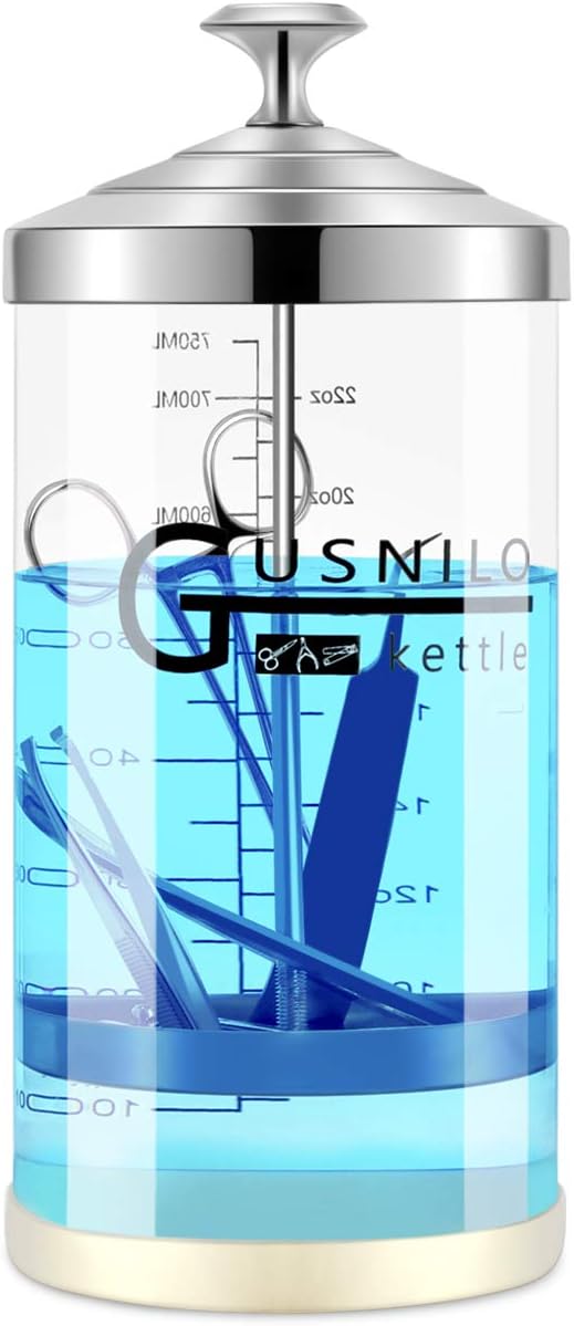 Gusnilo Barber Sanitizer Jar (30 Oz) with Stainless Steel Tray – Ideal for Spa, Salon & Nail Tools