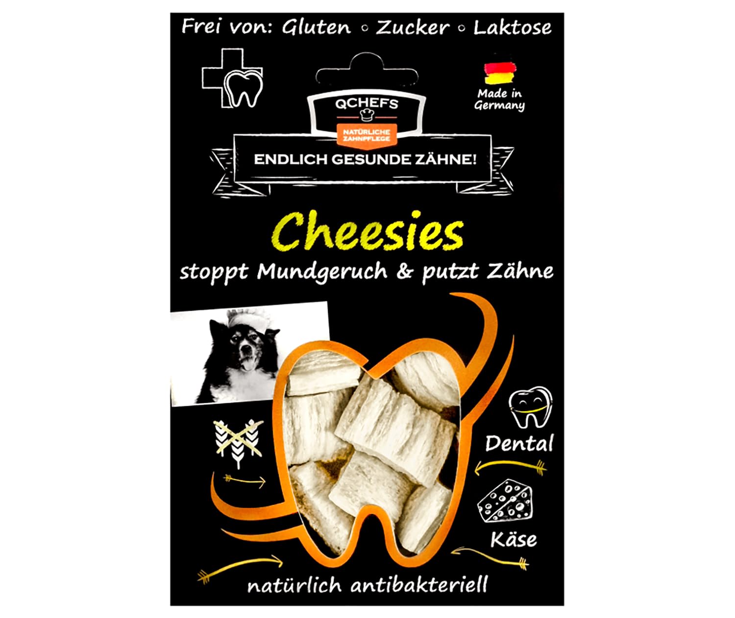 QCHEFS CHEESIES Hundeleckerli bei Mundgeruch, Zahnfleischentzündung als Zahnsteinentferner durch natürlich antibakterielle Zahnpflege ohne Dentalspray oder Zahnbürste für die Gesundheit