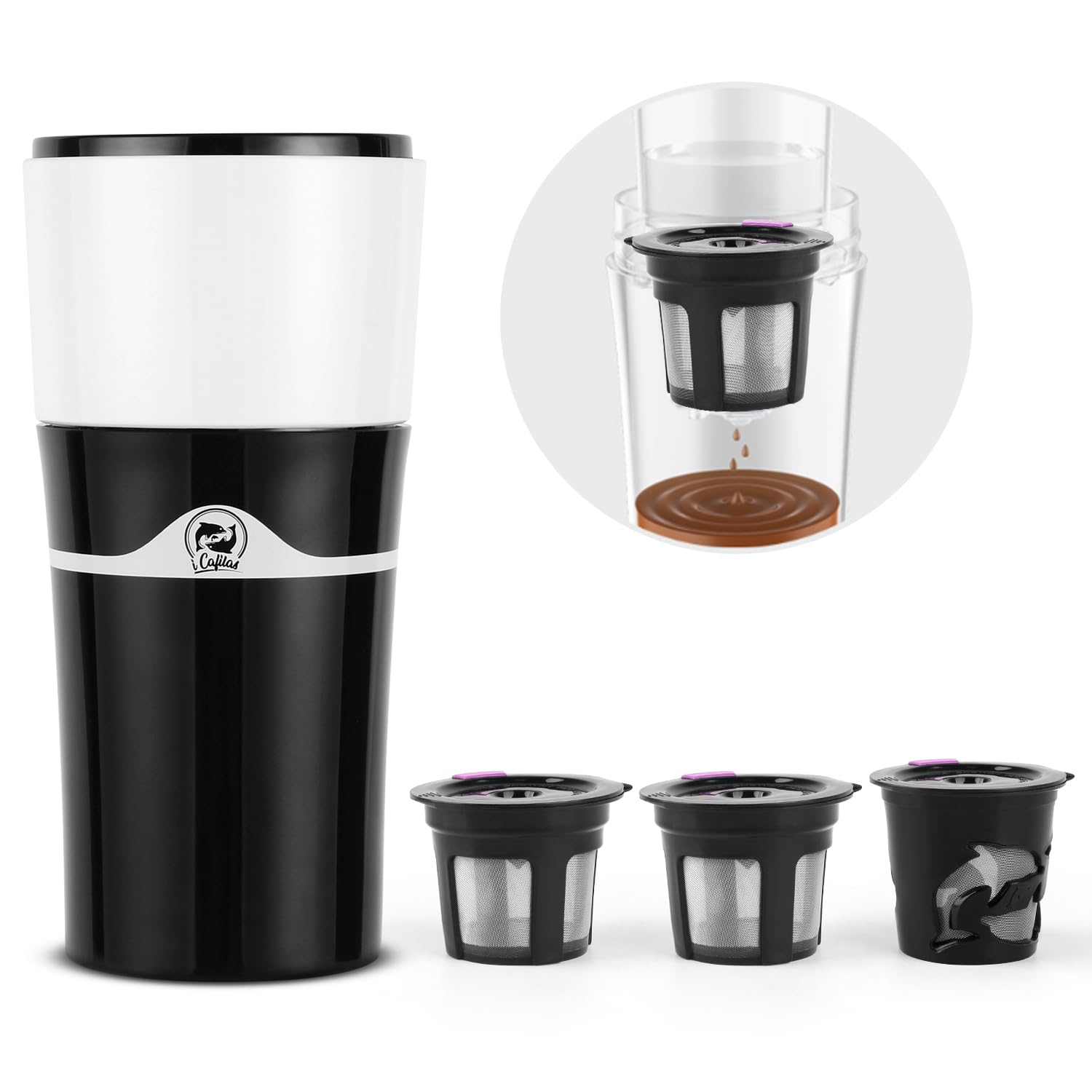 Coastacloud Drip Brew Coffee Maker, Portable Hot and Cold Brew Coffee Makers Bottle Compatible with K Cup Capsules & Ground Coffee, Pour-over Coffee Cup Machine for Camping Travel Office
