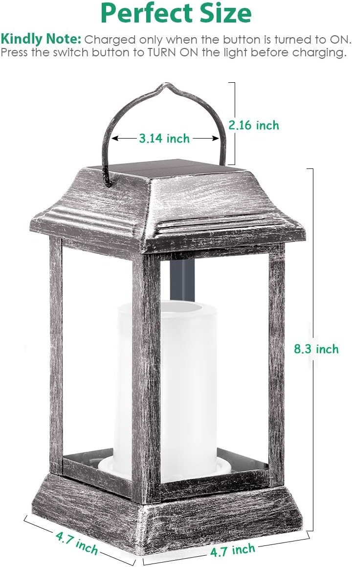 Super Deal Product TomCare Solar Lights Metal Flickering Flame Solar Lantern Hanging Lanterns Outdoor Decorative Lighting Heavy Duty Solar Powered Waterproof Umbrella Lights for Garden Patio Deck Yard, 2 Pack（Silver）