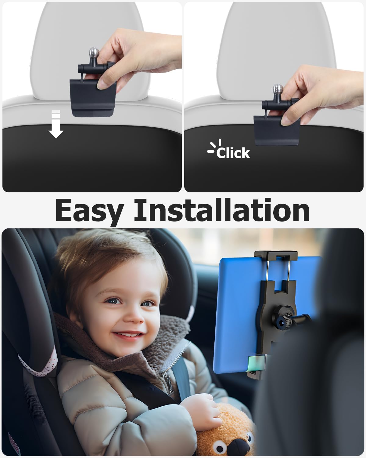 Tesla Tablet Halterung Rücksitz, Model 3/Y Kopfstützenhalterung für Kinder | Tesla Kopfstütze iPad Halter [Kugelkopf aus Metall & 360° Drehung] für iPad Pro Air Mini, Galaxy, Fire, Handys, 4–13"