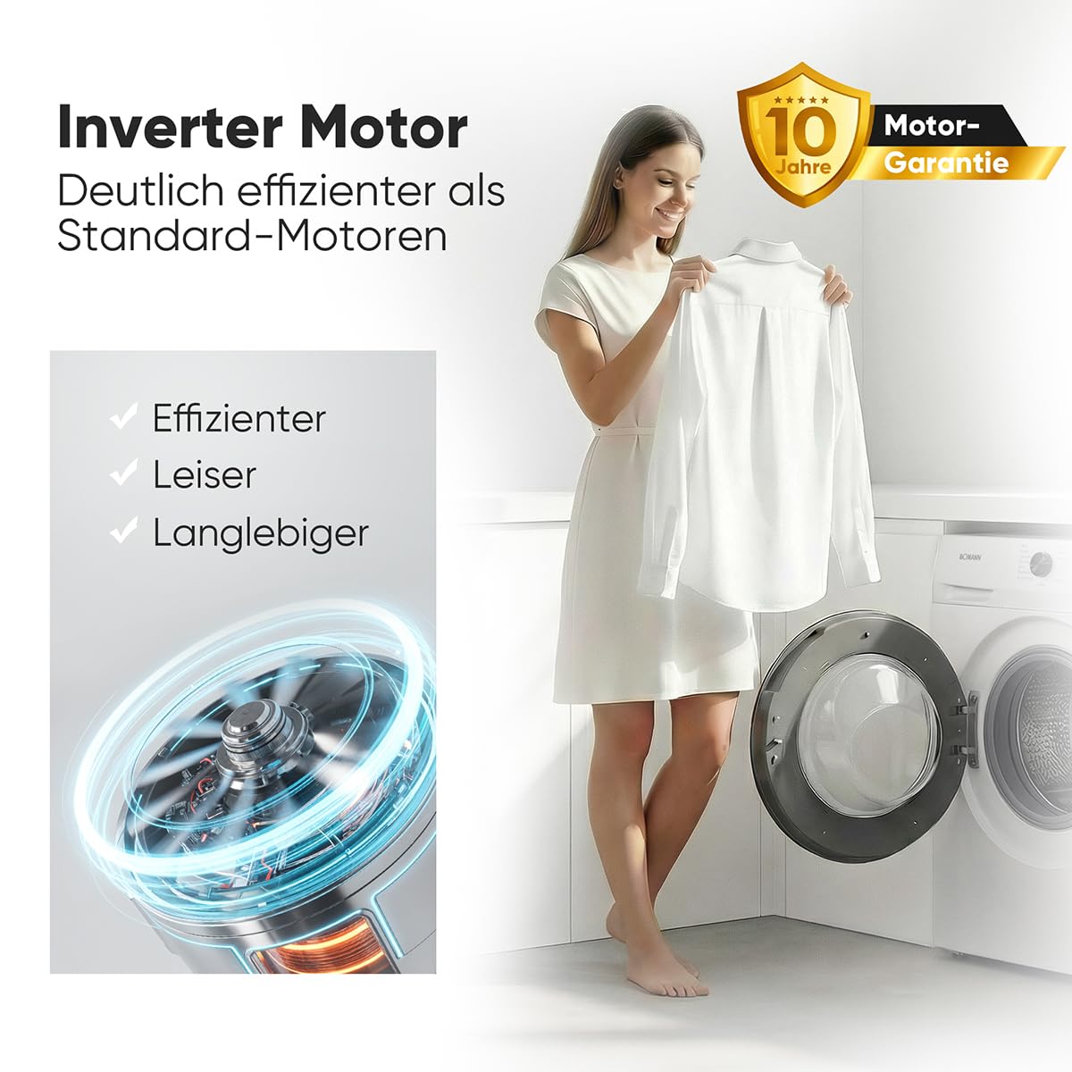 Bomann WA 7175.1 Waschmaschine 7kg 1400 U/min Invertermotor 15 Programme LED-Display weiß