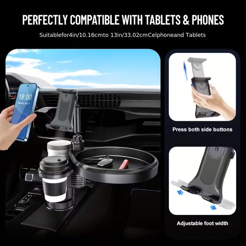 4 in 1 Car Table Tray，360° Rotation Cup Holder Tray for Car ，Mobile Phone Holder Car Cup Holder Tray ， Compatible with Vehicles, Car, Road Trip Essentials