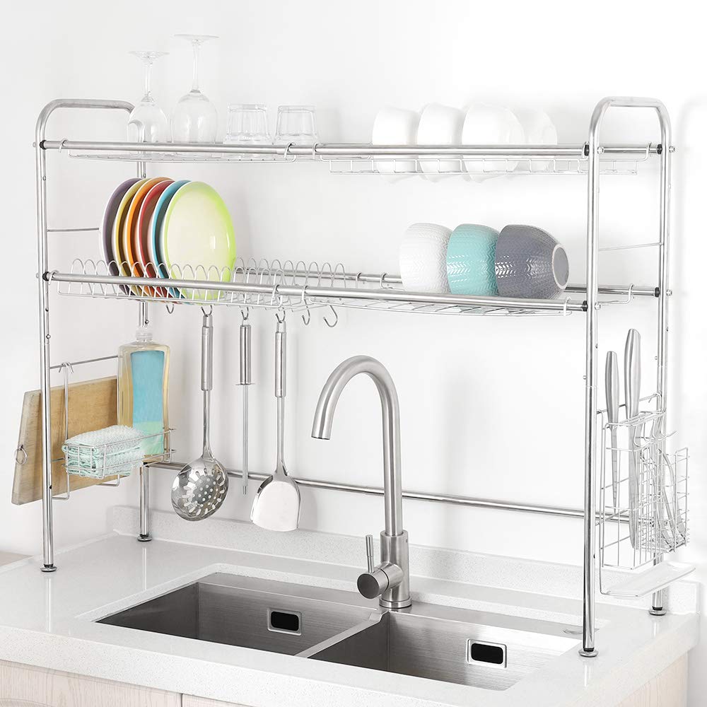 Dish Drying Rack Over the Sink Stainless Steel 2 Tier Length Adjustable Dish Rack Counter Organizer Drainer Shelf for Kitchen Storage Counter Organizer