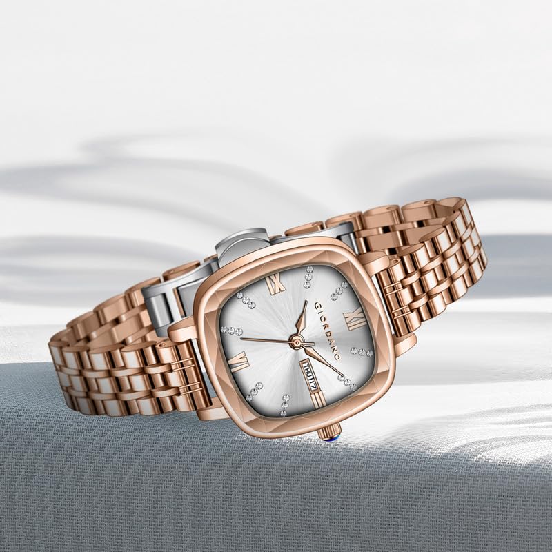 Image of Giordano Elegant Square Rose Gold Watch for Women - Crystal & Roman Hour Markers, Day-Date Display, Stainless Steel Strap