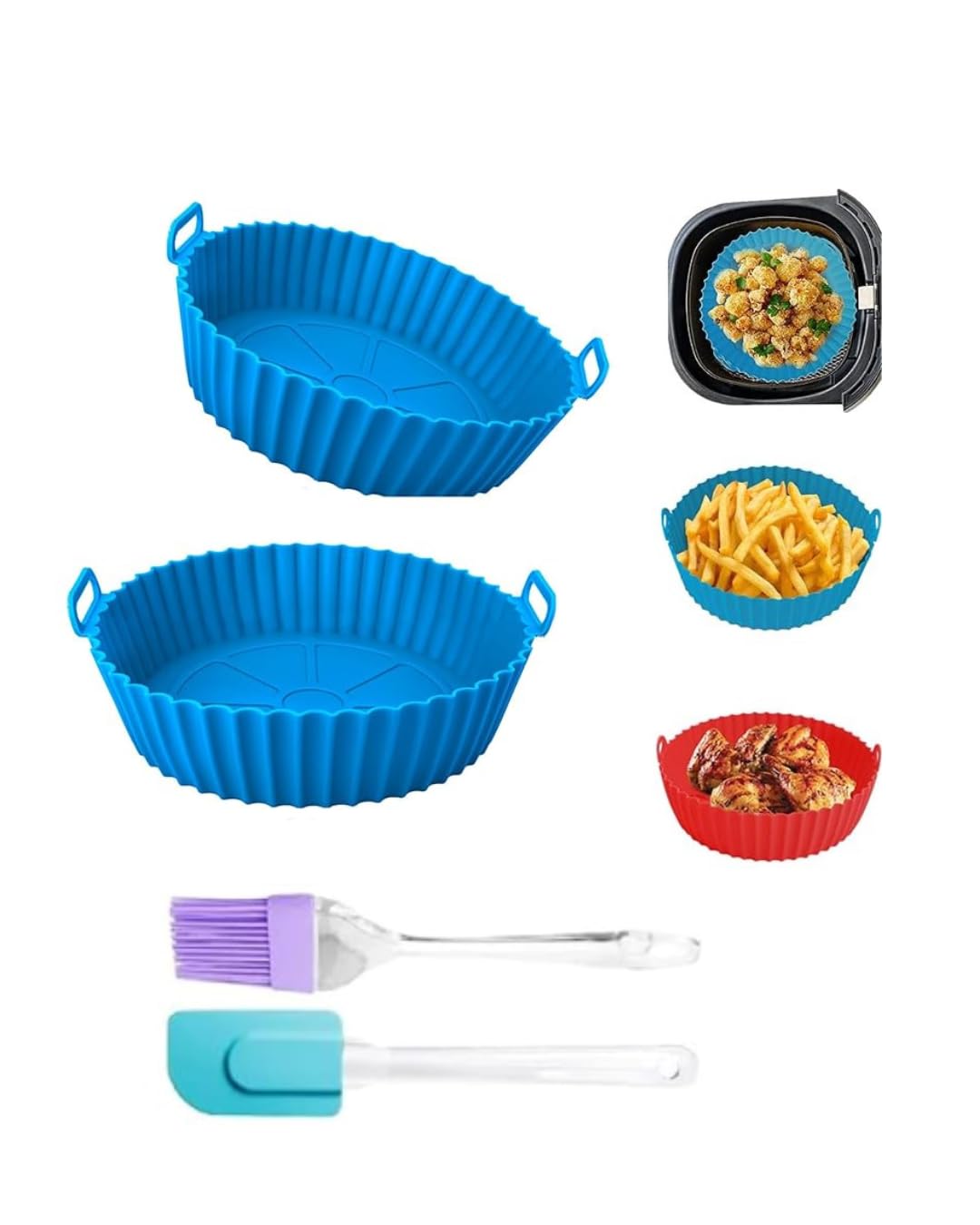 Blue Round Silicone Air Fryer Basket | Multi-Color, Nonstick, Reusable, Heat Resistant with Ear Handles + Oil Brush & Spatula-image-37