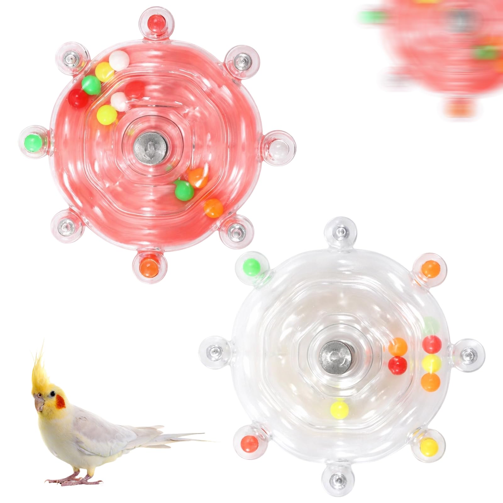 YcsRnn Budgie Toys, Parrot Toys and Bird Toys, Spinning Wheel Design for Cockatiel, Interactive Spinning Toys Set of Two in Pink and Transparent Colours