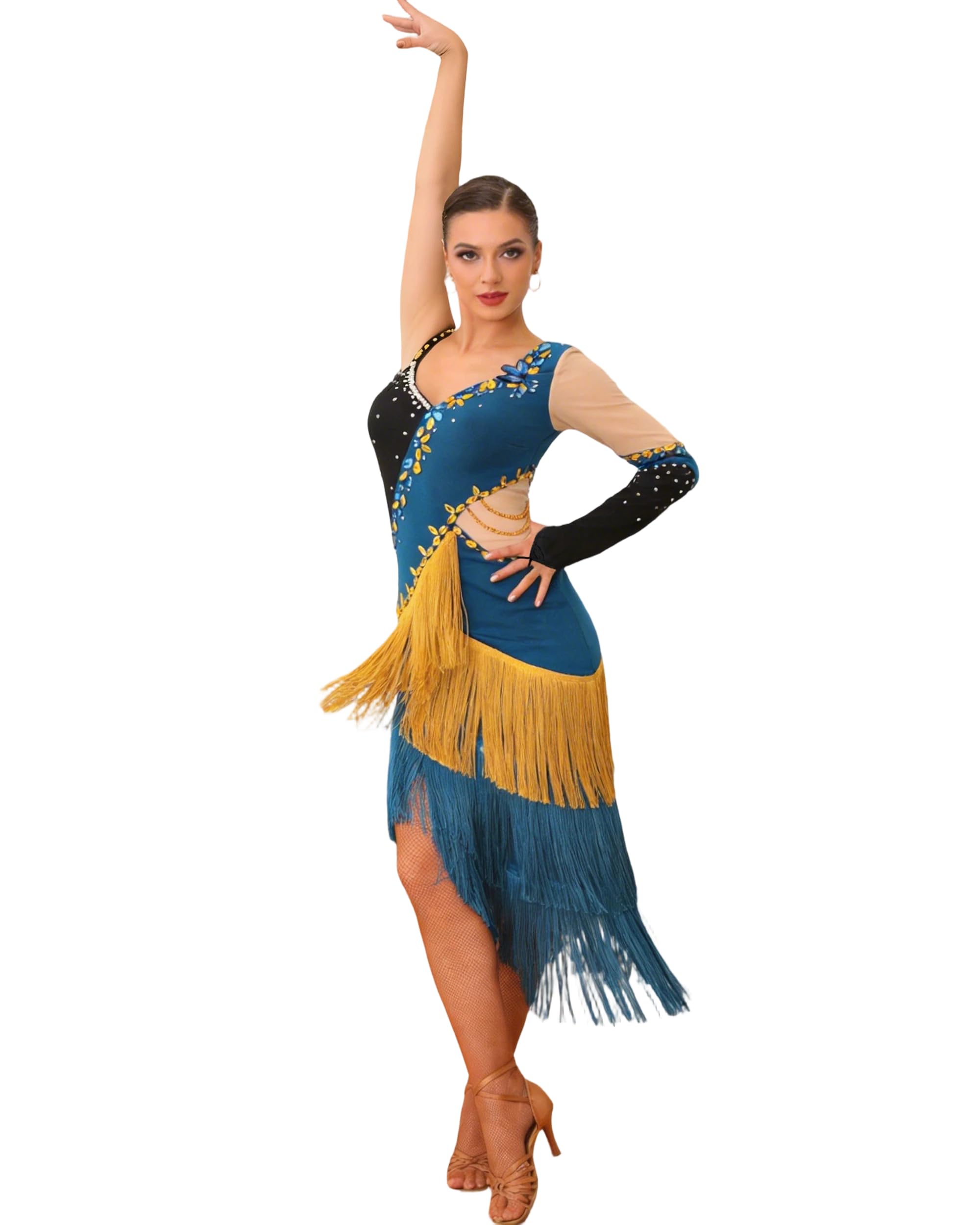 ROYAL SMEELA Strass Lateinisches Tanzkleid,Latein Tanzkleid mit Fransen,Salsa Kleid Damen,Tango Salsa Samba Rumba Tanz Kleid