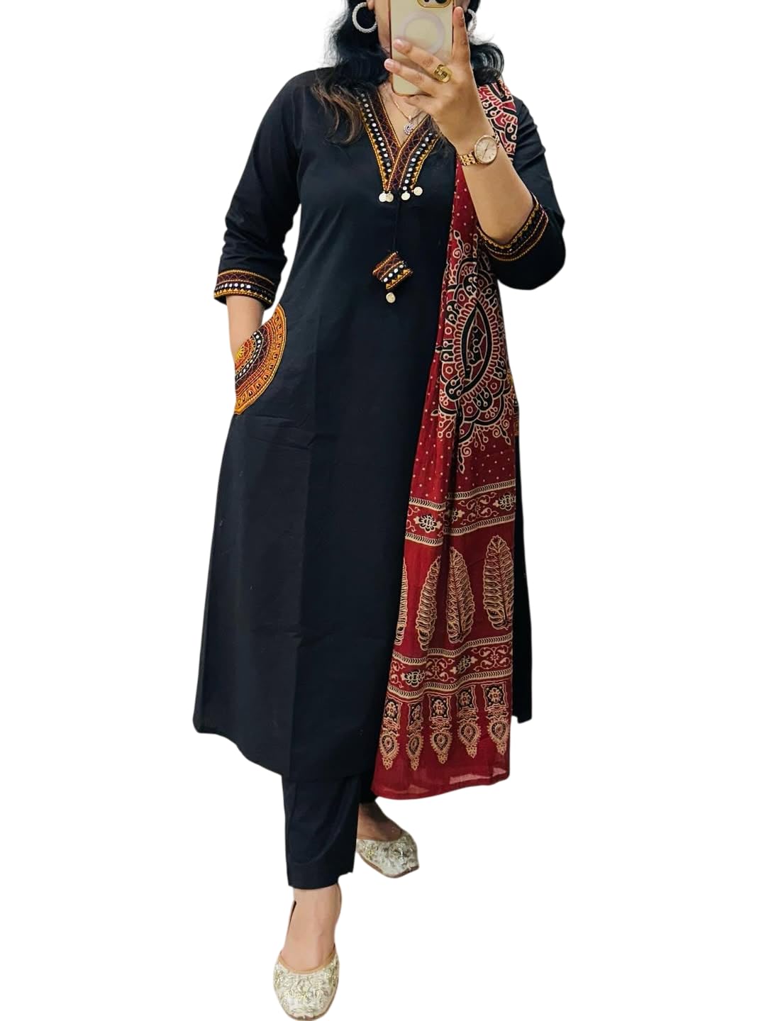 Women's Black Straight Kurta Pant Set with Printed Dupatta | Ethnic Indian Traditional Suit Set | V-Neck Embroidered Neckline | 3/4 Sleeves | Festive Casual Office-picture-54