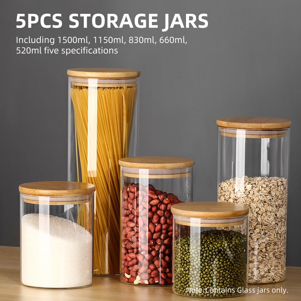Kavolet 5 Stück Vorratsgläser aus Glas,Vorratsgläser mit Deckel,Vorratsdosen Set mit 24 Etiketten und Markierungsstift,Aufbewahrungsgläser,stapelbar für Süßigkeiten Reis Zucker Mehl Nüsse Gewürzgläser