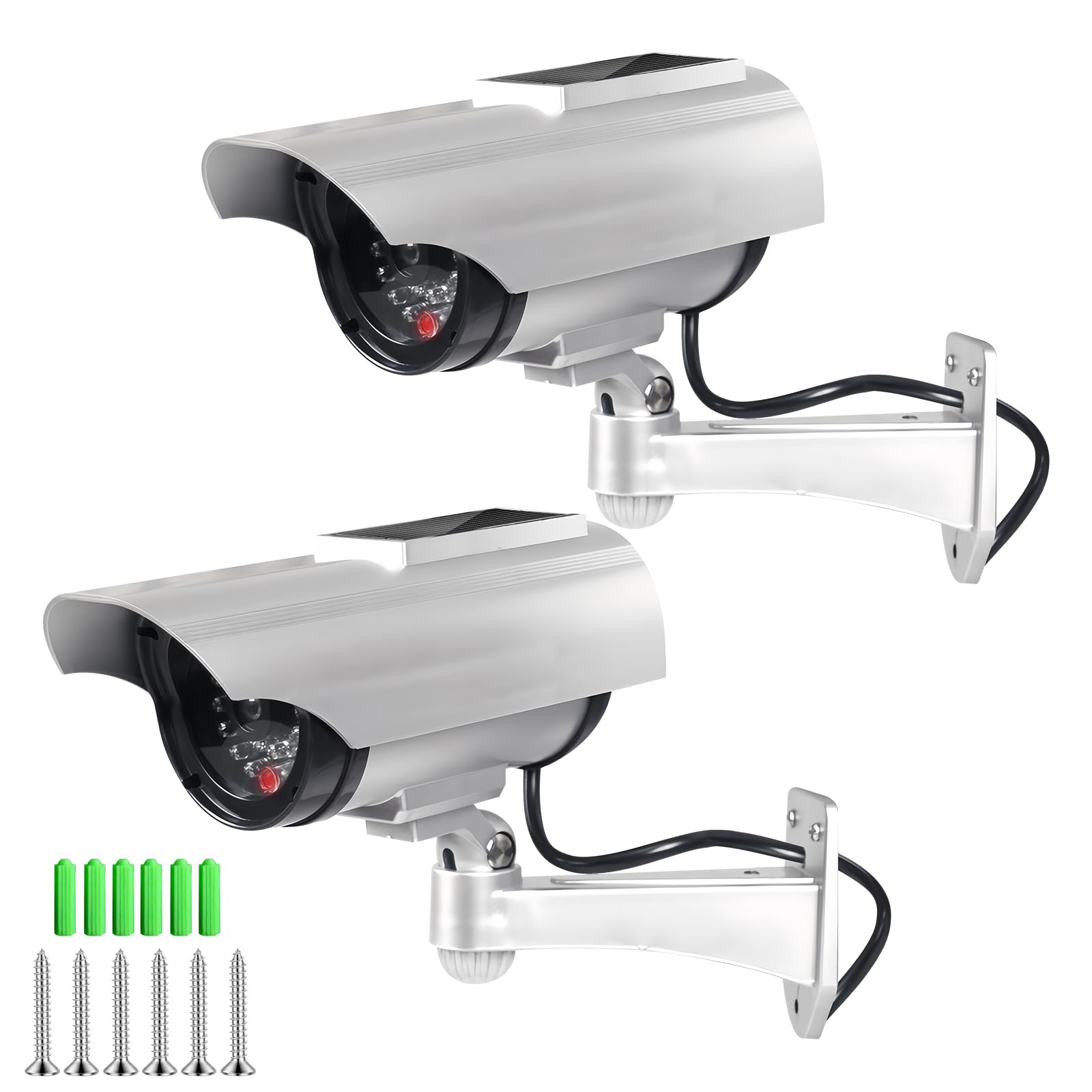 2 telecamere finte a energia solare, finte telecamere di sorveglianza con luce LED lampeggiante, telecamera di sicurezza CCTV, telecamera esca a energia solare, per giardino, apertura porta
