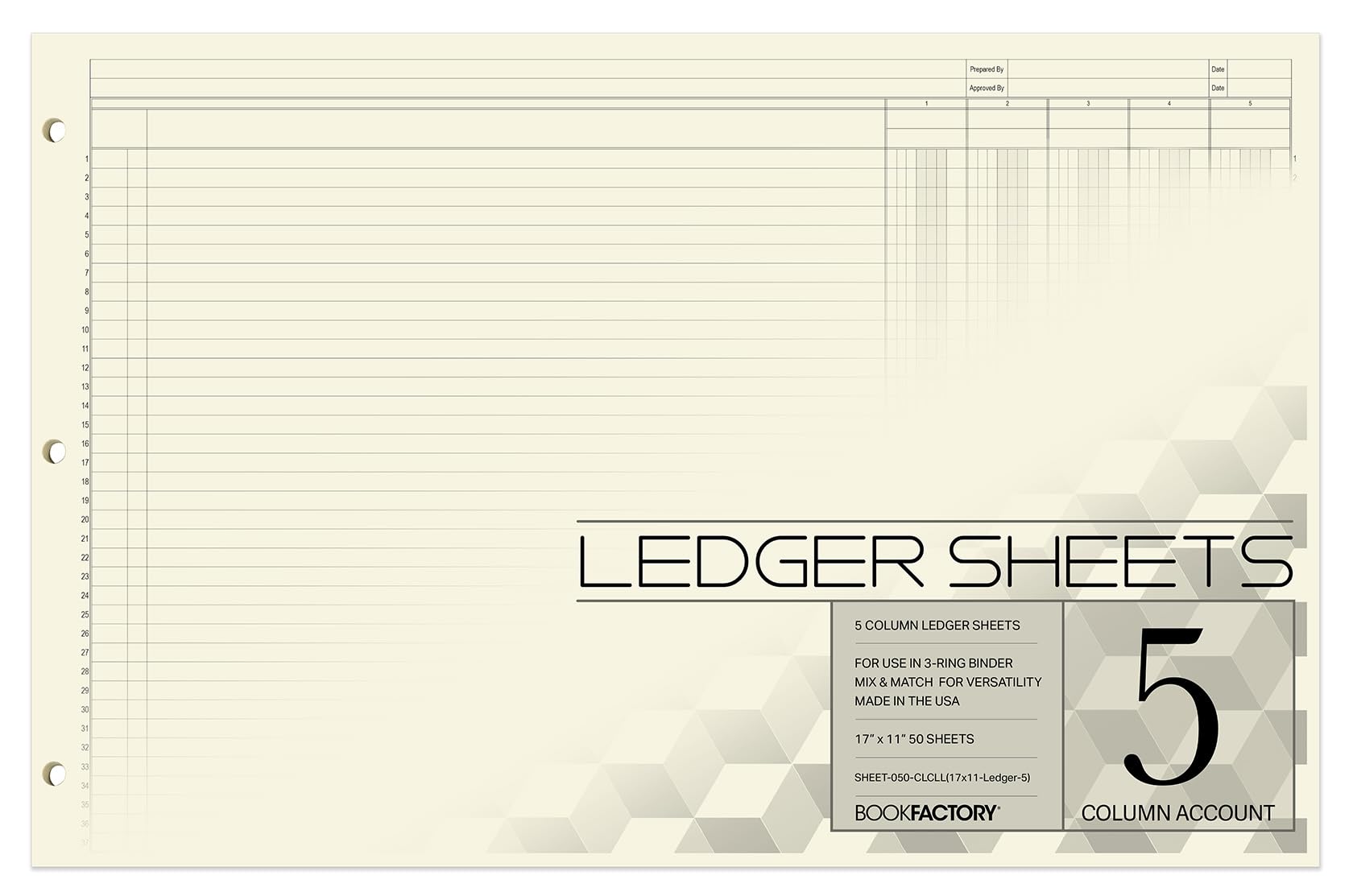 BookFactory Ledger Sheets/Large 5 Column Accounting Ledger Columnar (Five Columns) Loose Leaf Paper - 17'' x 11'', 50 Pages, Loose Leaf, 3 Hole