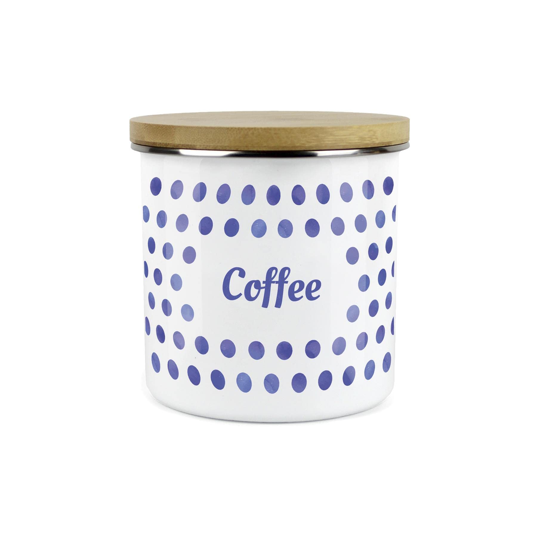 Purely Home Coffee Indigo Polka Dots Spots Canister - White Metal Enamel Kitchen Food Storage Container 1.2L