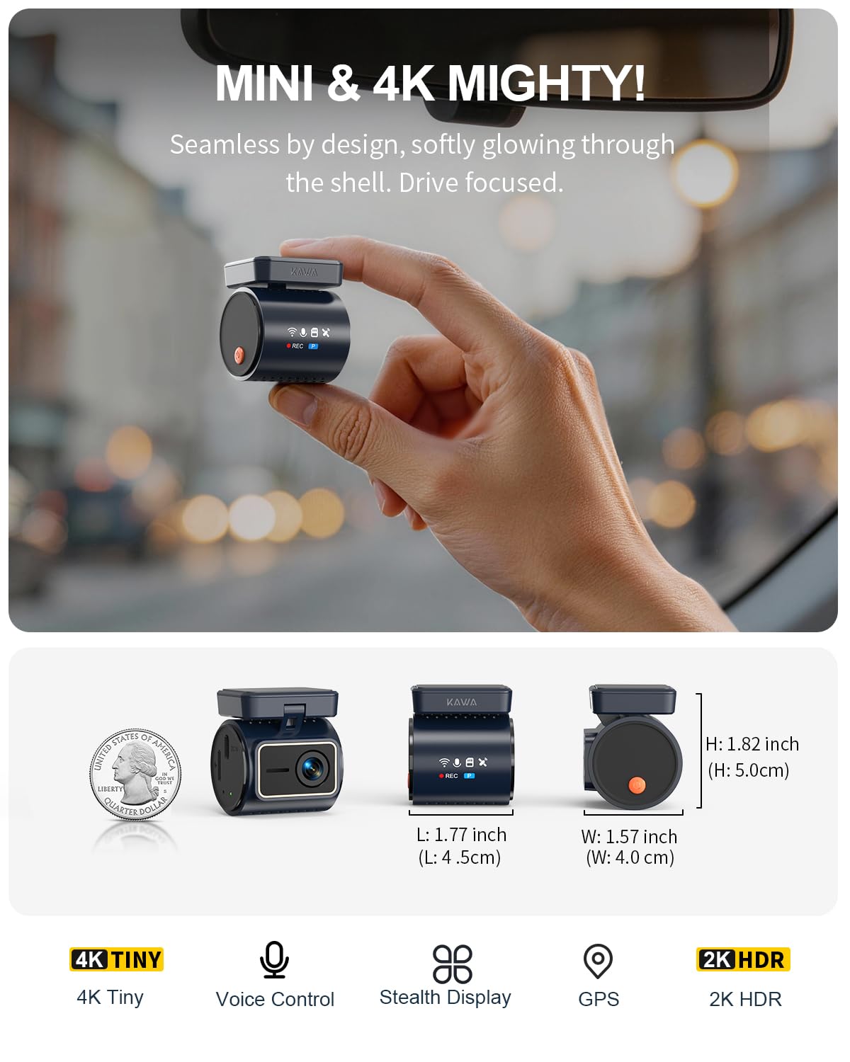 KAWA 4K Mini Dash Cam anteriore, controllo vocale, schermo stealth, fotocamera auto 2K HDR NightEagle Engine, Wi-Fi 6 e GPS integrati, modalità parcheggio in buffer 24/7, supporto 256GB Max