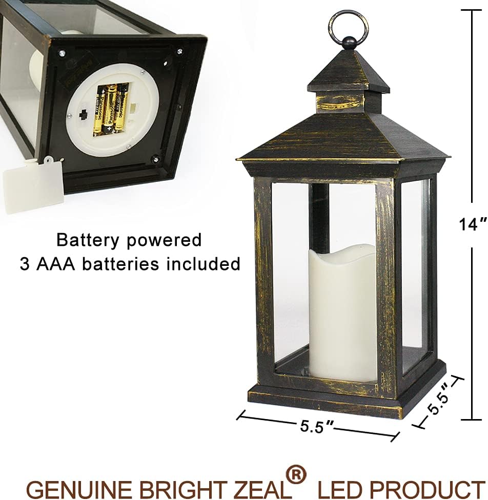 Bright Zeal 14" Tall Vintage Decorative Lantern With LED Pillar Candle (Distressed Gold, Batteries Included) - Outdoor Lanterns Decorative Hanging - Battery Lantern With Timer - Vintage Candle Lantern : Home & Kitchen