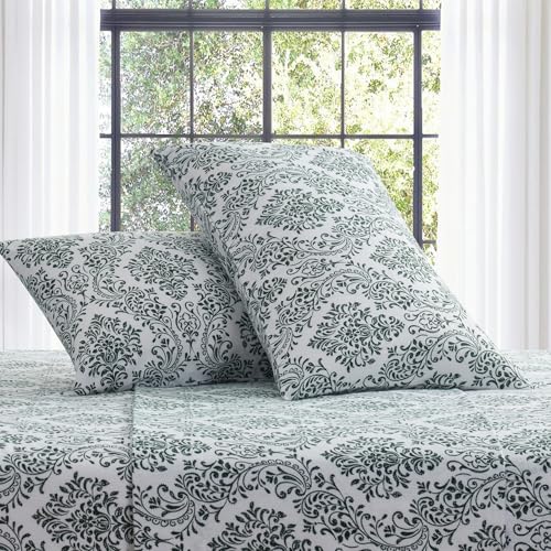 Image of Tahari Home Queen Size 4-Piece Bedding Set - 2 Sheets & 2 Matching Pillowcases | Fitted & Flat Sheets | Cozy & Warm Brushed Flannel | Soft & Breathable | Durable & Wrinkle Resistant | Damask Green