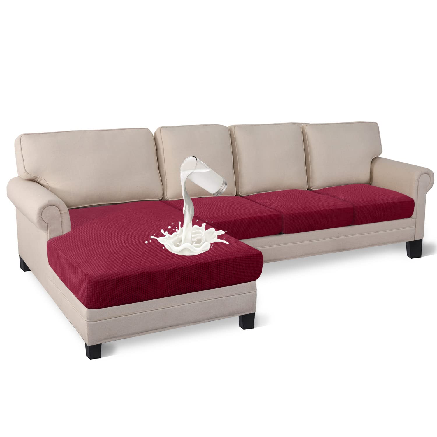 Granbest 4 Piece Waterproof Sectional Cushion Cover for L Shape Sofa, Stretch Separate Cushion Chaise Lounge Cover Elastic Furniture Protector for Kids, Pets, Dogs (3 Seater+Chaise,WineRed)
