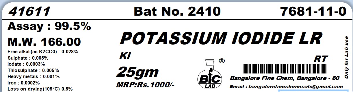 See full amazon price history chart for BFC POTASSIUM IODIDE LR - 25gm, (KI) CAS No.7681-11-0 BFC POTASSIUM IODIDE LR - 25gm, (KI) CAS No.7681-11-0 (B075M56B49) Amazon Price History, Amazon Price Tracker