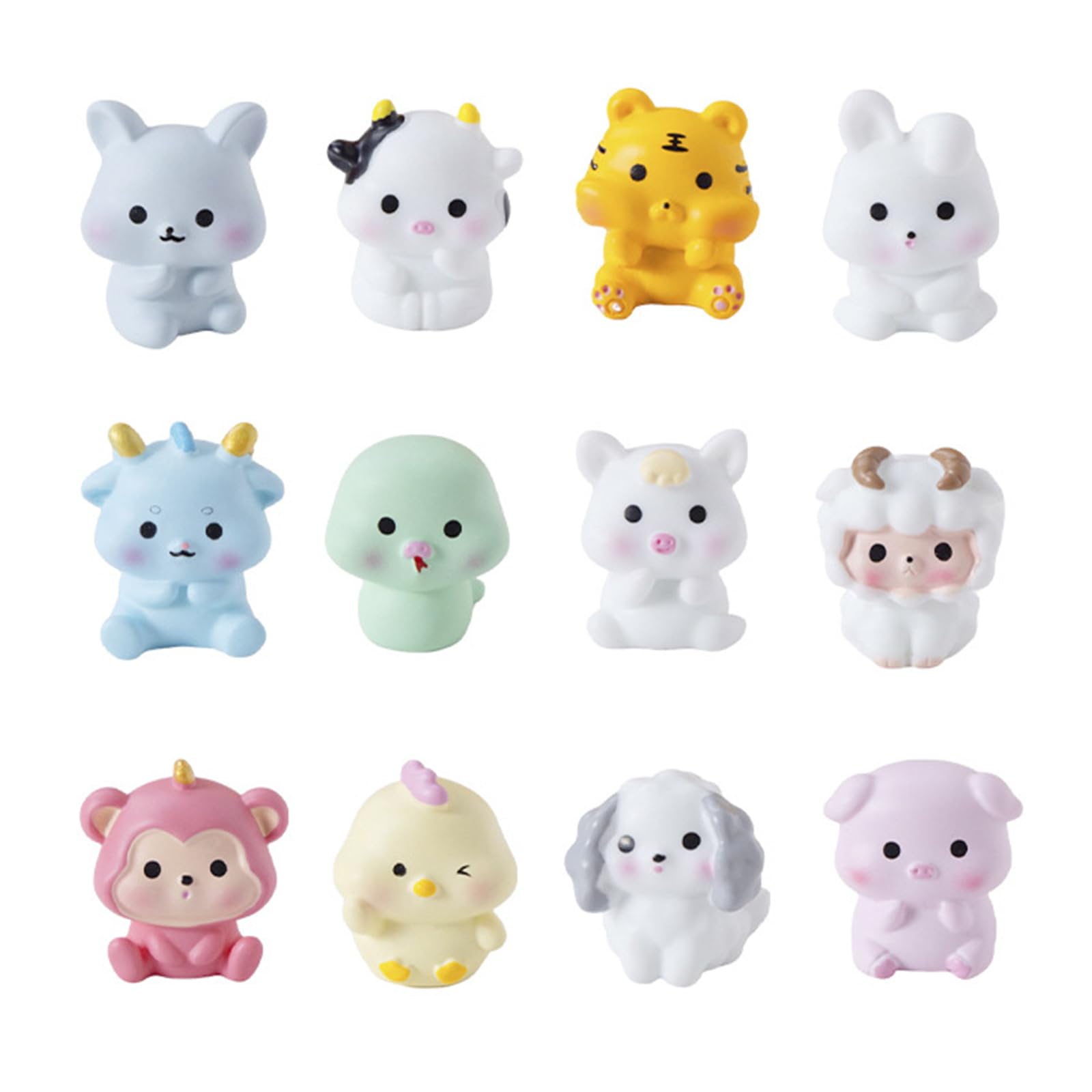 Toyhood 12pcs Resin Mini Animals Set, Mixed Tiny Animals Figures, Rat, Cow, Tiger, Rabbit, Dragon, Snake, Horse, Sheep, Monkey, Chicken, Dog, Pig, for Fairy Garde Miniature Landscape Dollhouse