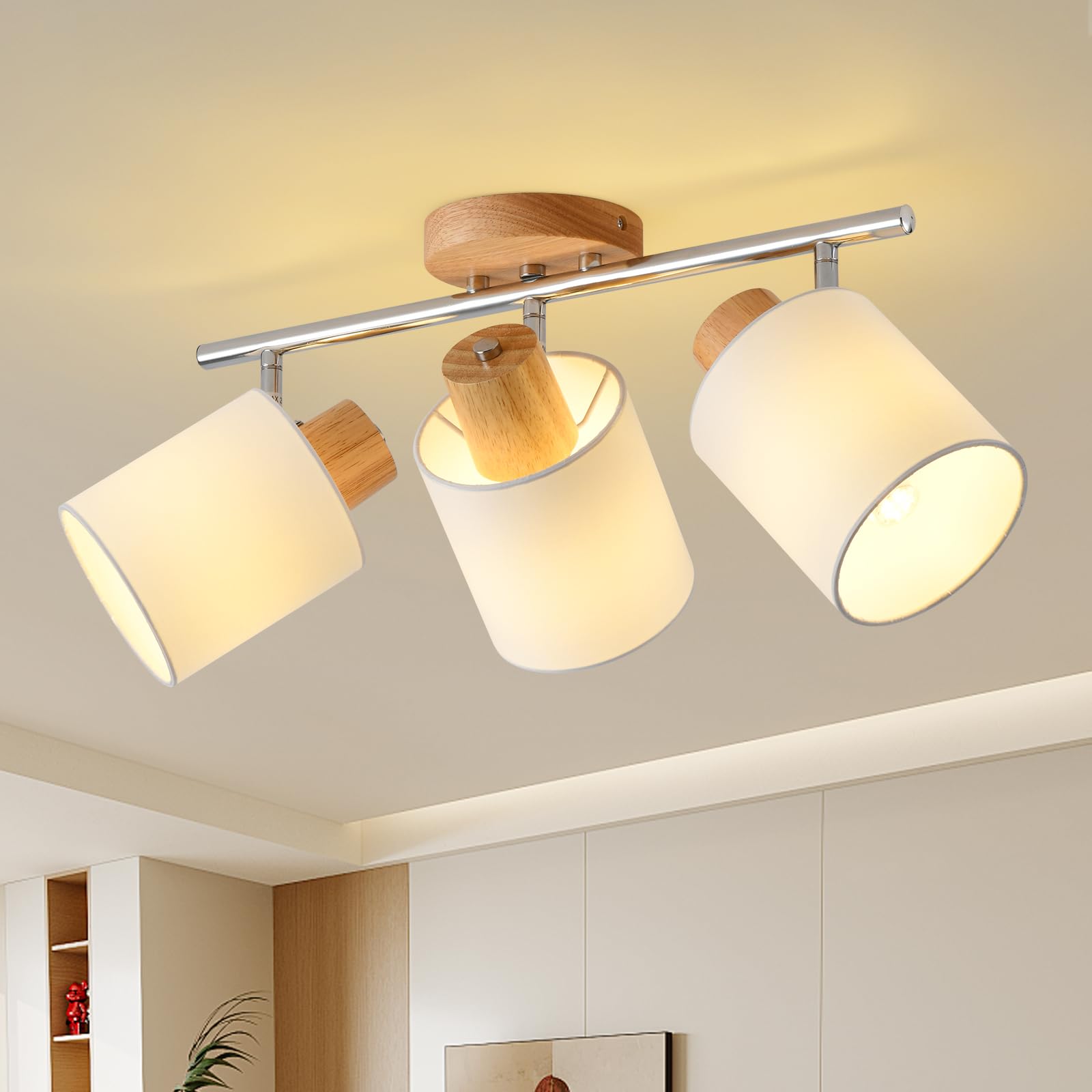 SANSHI faretti led soffitto in 3 punt,lampadario legno regolabile, Base E14 230V moderna Luce a parete,faretti soffitto per interni soggiorno, camera da letto, sala da pranzo (senza lampadine)