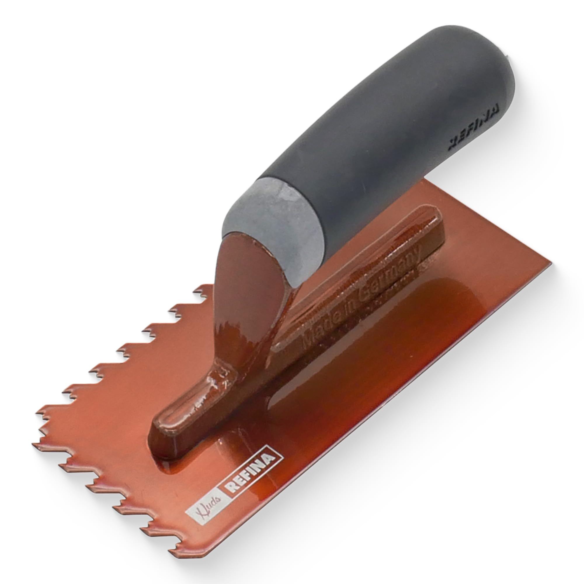 Refina NotchTile Copper Adhesive Spreading Notched Tiling Trowel Left Handed 8" (200mm) with 6mm Notches - 2021906L