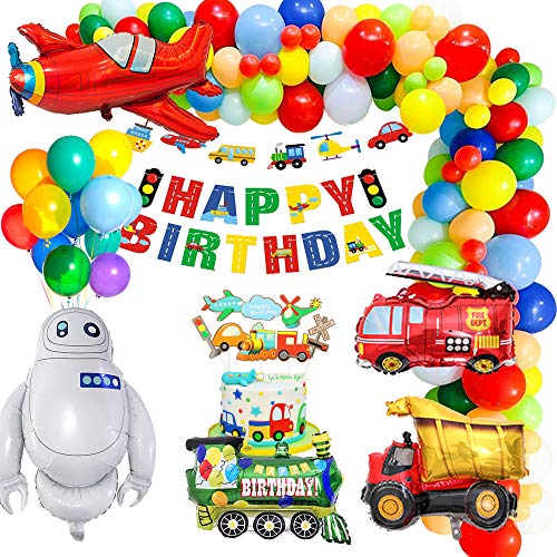 MMTX Décorations de Fête d'anniversaire, Décoration Ballon de circulation Joyeux Anniversaire Bannière Gâteau DIY Ballon Aluminium Véhicules pour Garçon Anniversaire Bébé Douche Décor