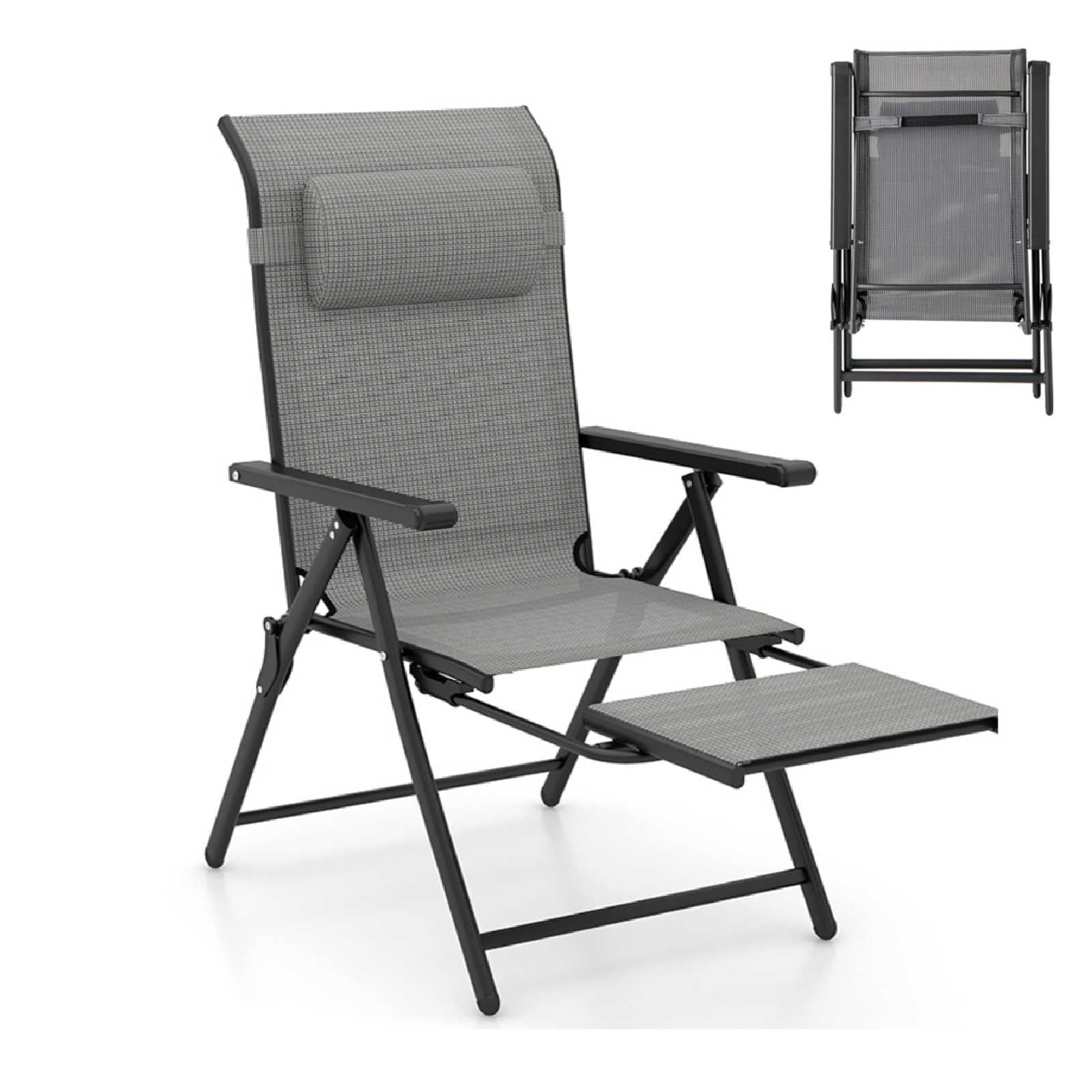 COSTWAY Folding Sun Lounger for Garden, 10-Position Adjustable Patio Chaise Lounge Chair Deck Sunbed with Armrests and Retractable Footrest, Outdoor Recliner Chair for Porch Beach Camping (1, Grey)