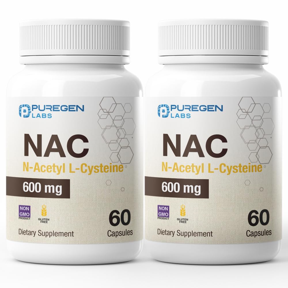 Puregen Labs N-Acetyl-L-Cysteine (NAC) 600mg, NAC 600 mg, Potent antioxidant Support, Free-radicals, Easy to Absorb - Total 120 Veggie Capsules