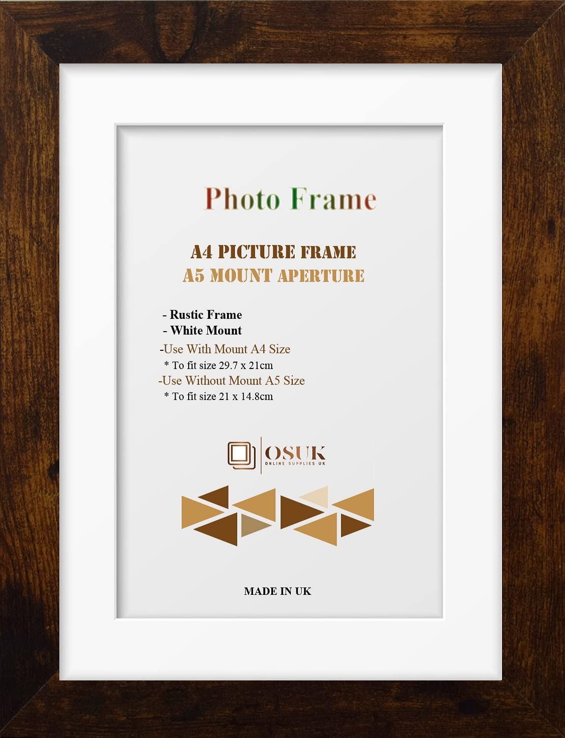 OSUK Rustic A4 Frame With A5 Mount Modern Photo Frame With White Mount - Clear Perspex Front & Wall Mounting Poster Frame - A4 Frame With A5 Mount (Rustic)