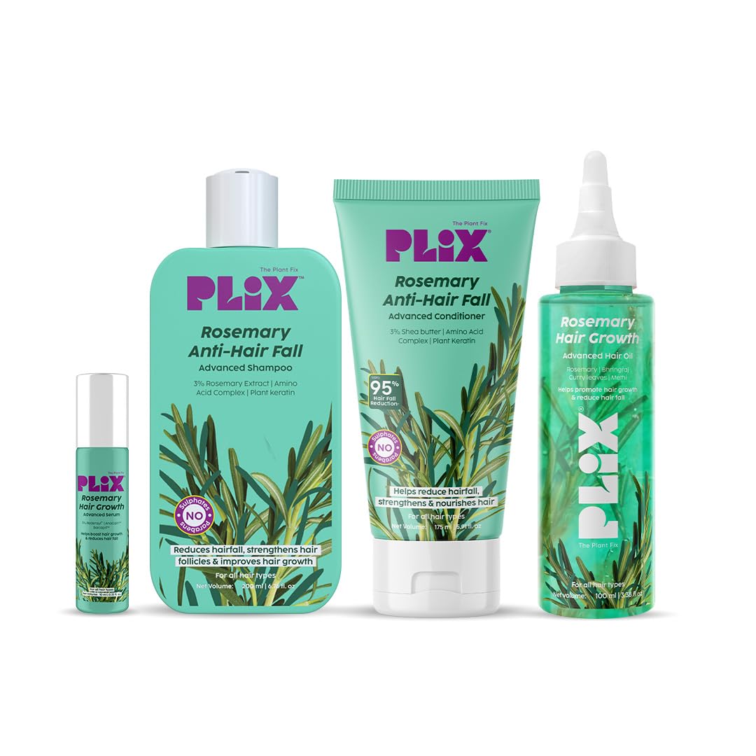 PLIX – THE PLANT FIX Rosemary Anti Hairfall Advanced Kit | Roll On Serum (10ml) +Shampoo (200ml) + Conditioner (175ml) + Oil (100ml) | Reduces Hair Fall, Boosts Growth, Improves Hair Density