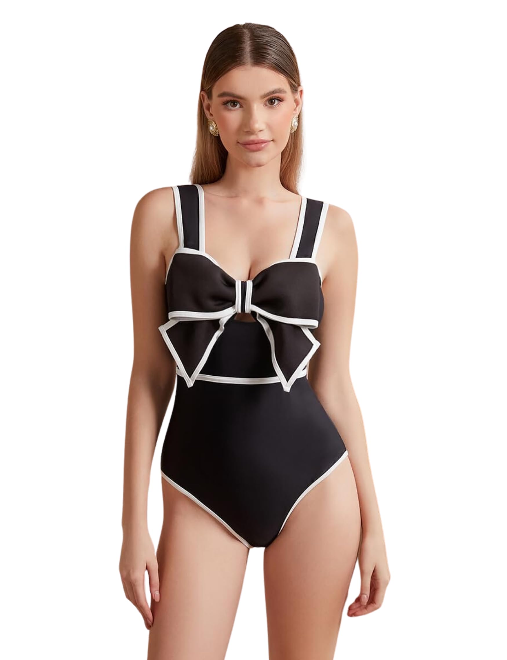 FLAXMAKERBlack and White Swimsuit Bow-tie Decor One Piece Bathing Suit