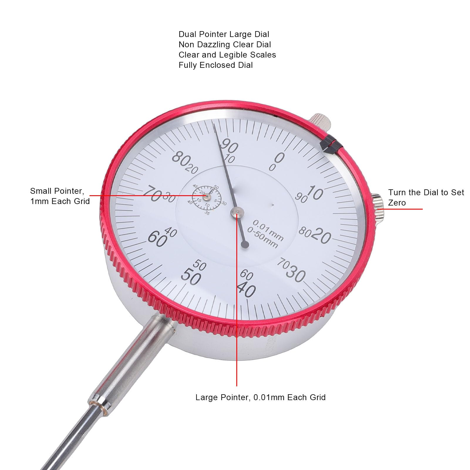Bewinner Indicador de Dial de Puntero de Precisión de 0-50 Mm 0,01 Mm, Indicador de Prueba de Dial Mecánico con Punteros Dobles, Herramienta de Medición de Acero Inoxidable con Movimiento de Alta