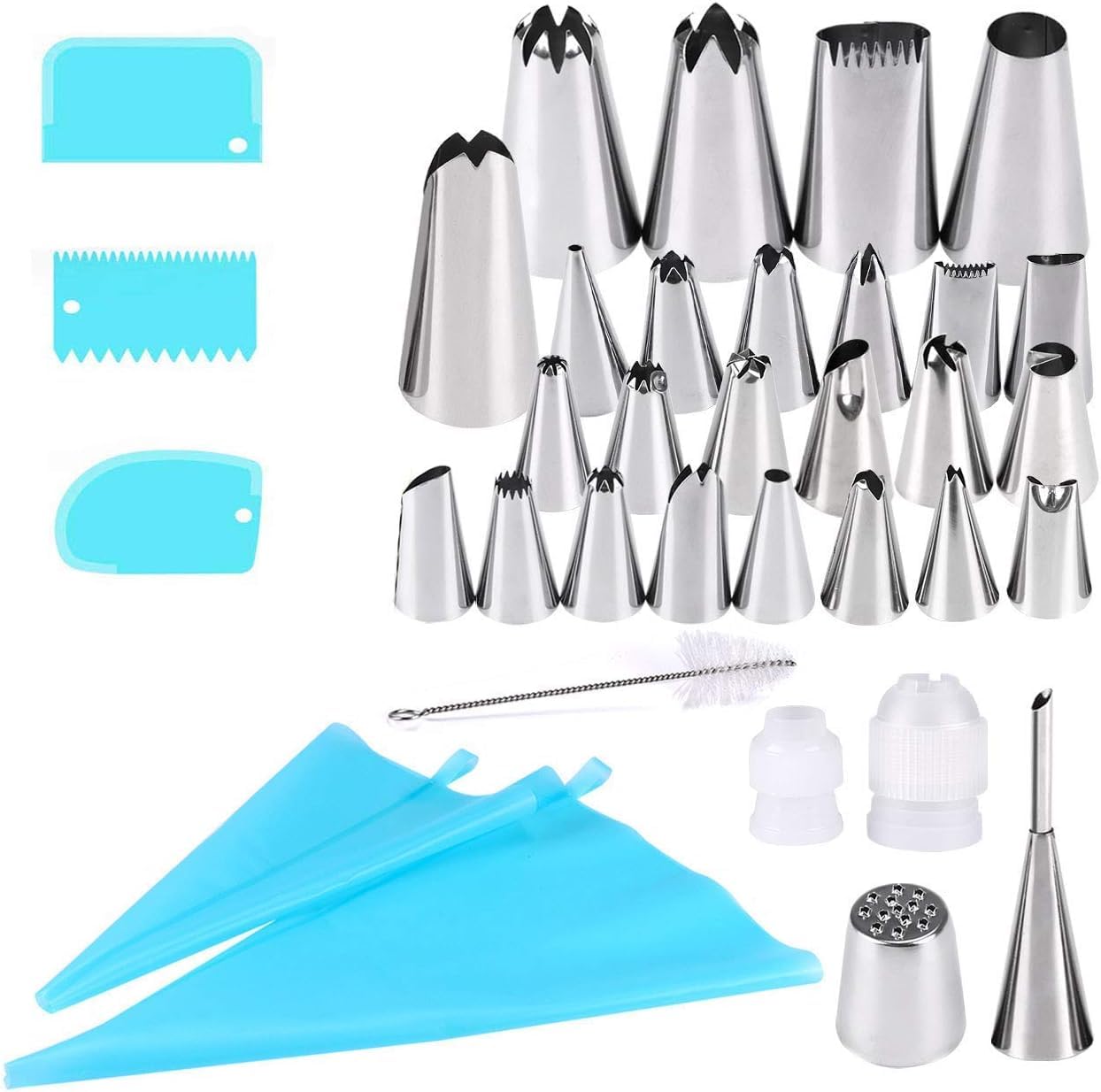 Piping Nozzles, Professional Set of 35Pcs, 27 Stainless Steel Nozzle, 3 Plastic Scrapers, 2 Silicone Piping Bags, 2 Nozzle Converters, 1 Brush