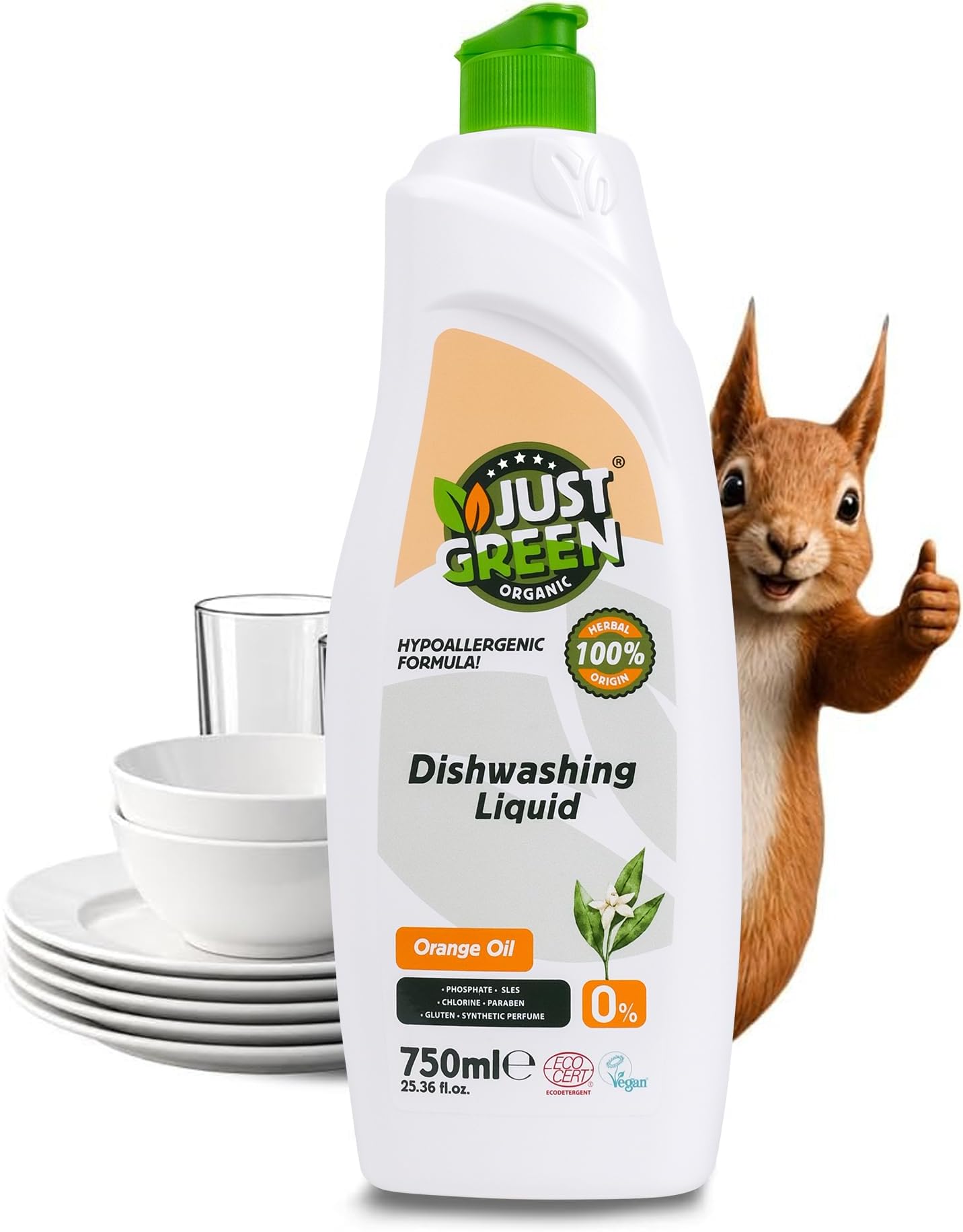justgreenorganic Just Green Organic Herbal Dishwashing Liquid - Hypoallergenic, Skin-Safe Dishwasher Cleaner with Plant-Based Ingredients for Baby Dishes & Oily Cookware, 750ml