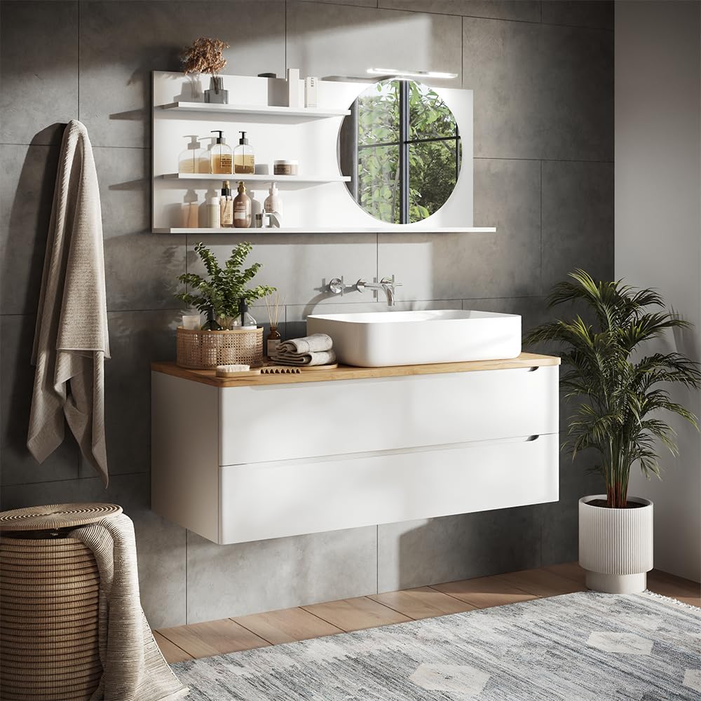 Vicco Specchio con mensola Avena, Bianco, 120 x 50 cm con 3 scomparti aperti, per montaggio a parete con illuminazione LED integrata