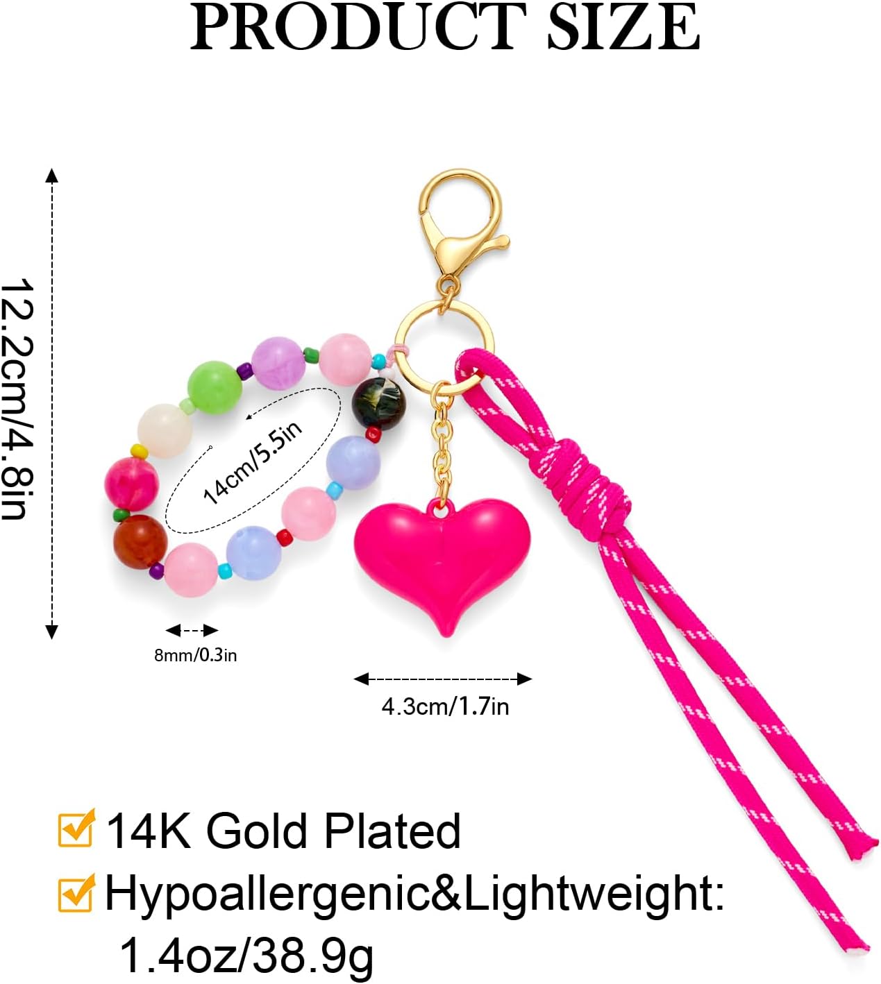 NIKOLUX Colorful Bag Charm for Women Puffy Heart Purse Keychain with Pink Rope Beaded Chain Handbag Purse Charms Cute Bag Accessories