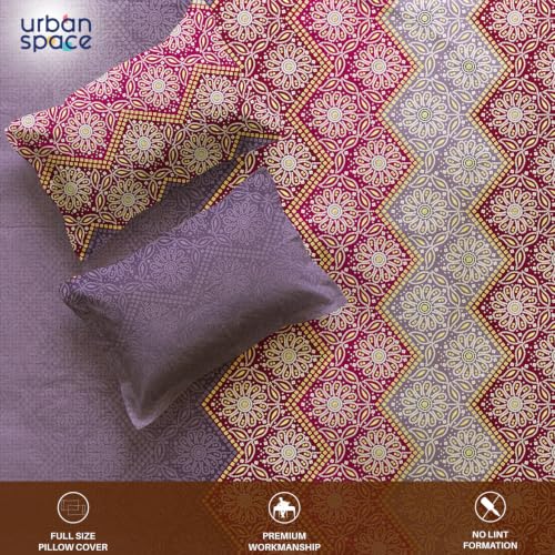 Image of Urban Space Serene 300TC 100% Cotton Bedsheet for Double Bed, Panel Design Bedsheet, Printed Queen Size Bed Sheet with 2 Pillow Covers (90 x 100 Inches, Lehriya Dusty Purple)