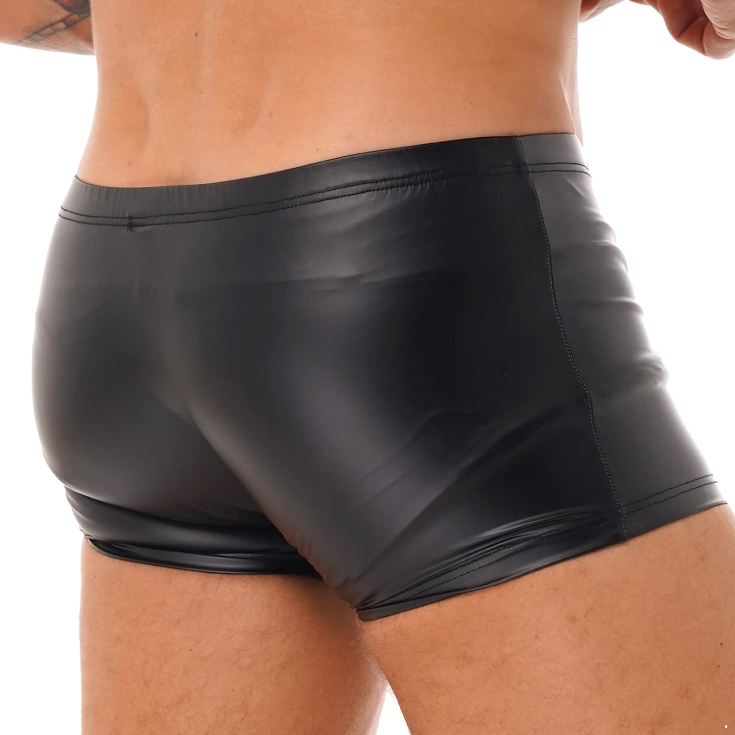 iiniim Men's Sexy Faux Leather Boxer Briefs Wet Look Underwear Underpants Swim Shorts with Press Button