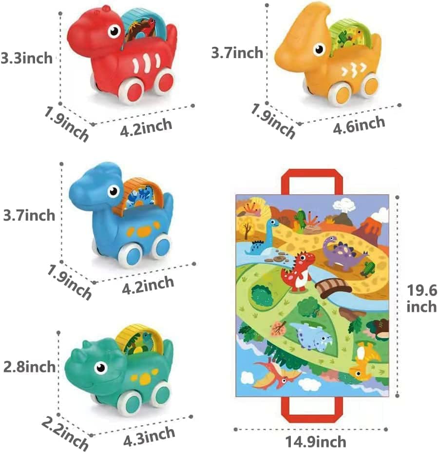 Image of PLUSPOINT Cute Dinosaur Toy car Set with Playmat Fantastic Creatures Toys mat Storage Bag Baby Car Travel Toys Pretend Play Jungle Theme playmat for Kids Birthday Gift Stocking Stuffers for Toddler