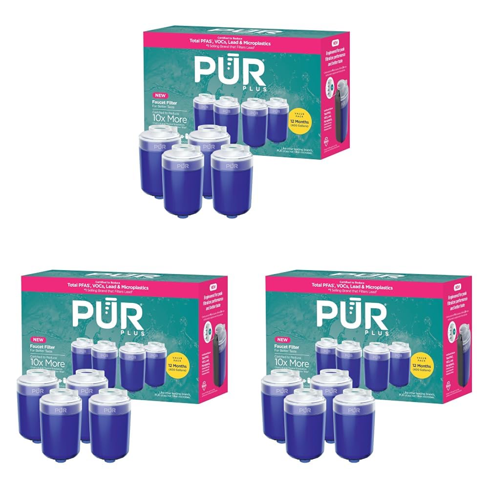 PUR Plus Faucet Mount Replacement Filter, Genuine PUR Water Filter for Sink Faucet, 3-in-1 Mineral Filtration, Lead Reducing, 1-Year Value, Blue (RF99994), 4 Count (Pack of 3)