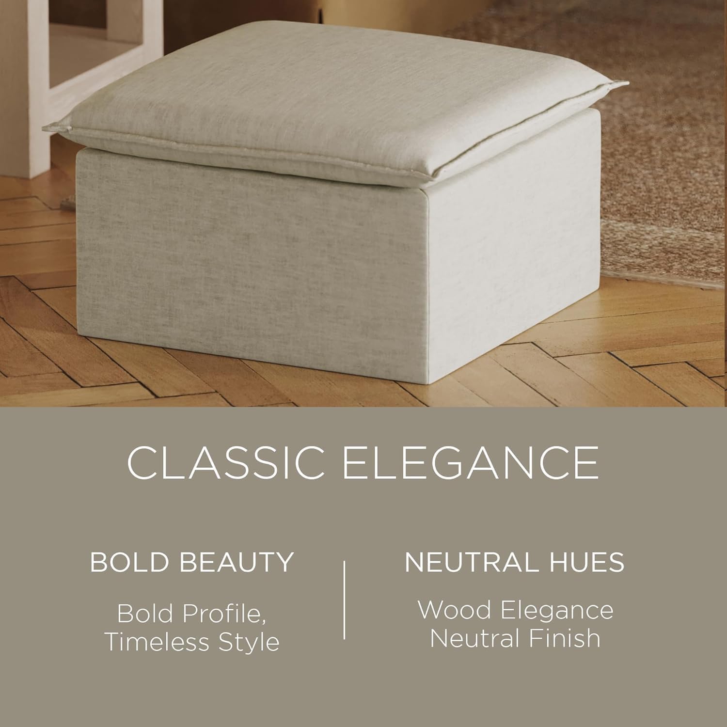 Maven Lane Claude Large Square Rustic Upholstered Ottoman, Cushioned Footrest for Living Room Couch, Chair, or Dorm Room in Dove Fabric Upholstery