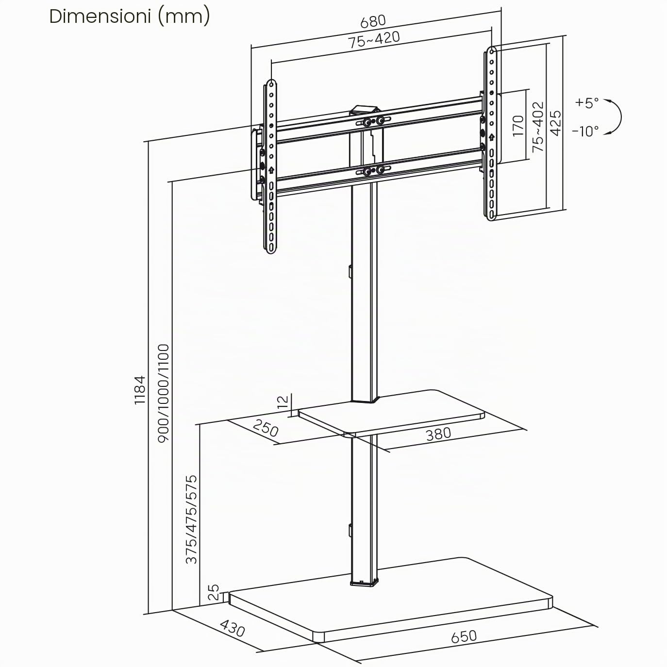 my wall Supporto per TV regolabile in altezza, HP119L, Porta TV da Parete con Mensola, Design in Legno, con Ripiano per Accessori, Inclinabile, Supporto VESA con Gestione dei Cavi