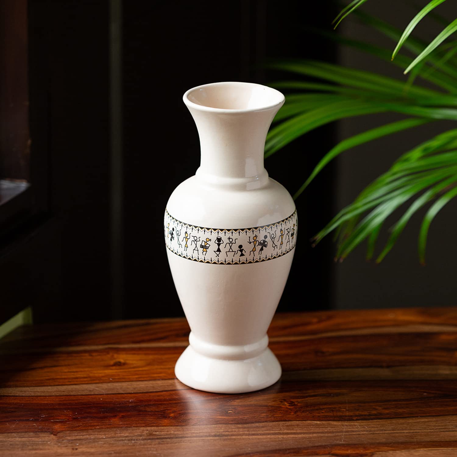 ExclusiveLane 'Whispers of Warli' Handcrafted Ceramic Flower Vase, 10 Inch, White, Ivory and Black-image-43