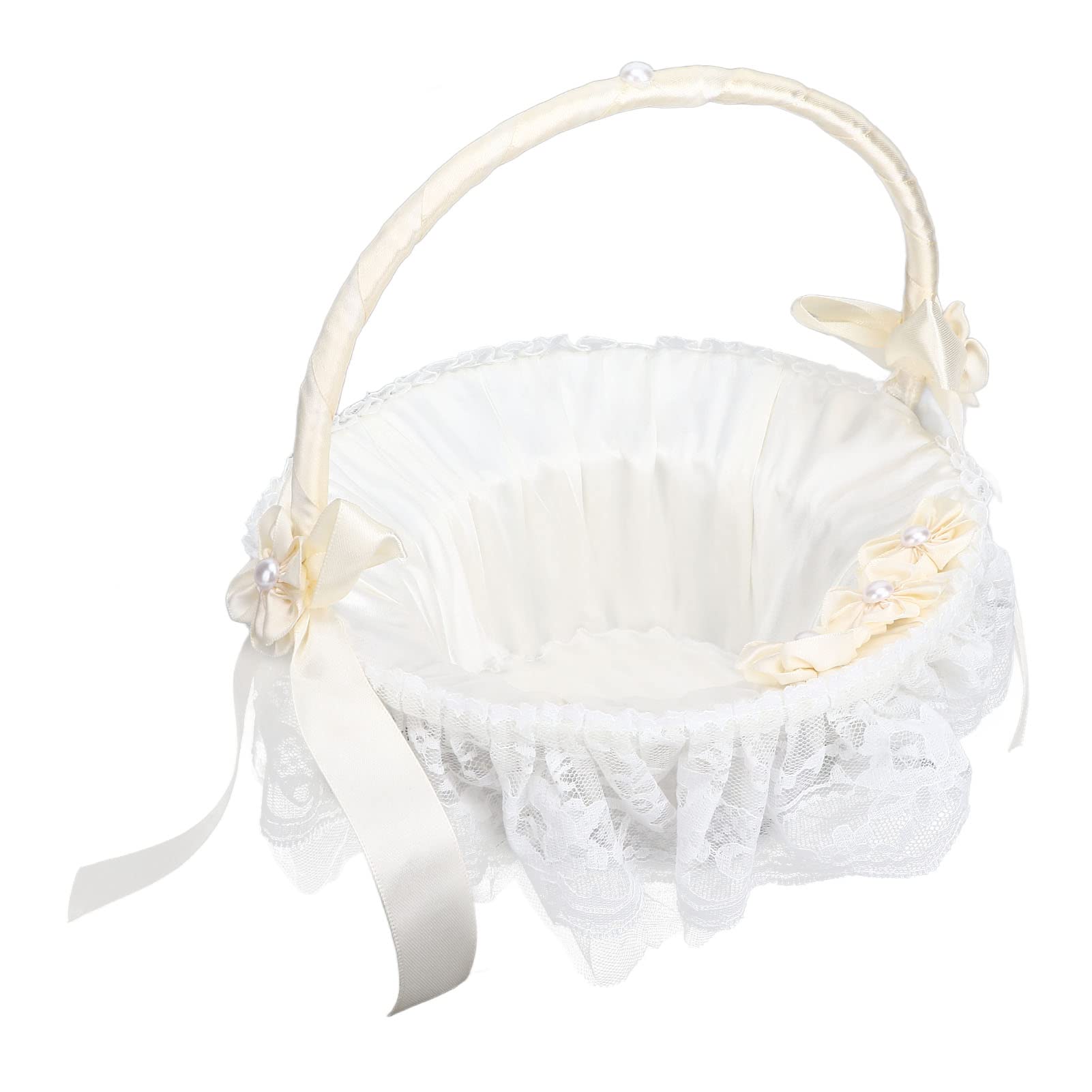 Tanant Wedding Flower Girl Basket, Hand-woven Storage Basket with Satin Bowknot Flower Basket Pearl Collection Sweet Romantic Petals Basket, Lace Bowknot Bride Basket for Wedding, White, 1pcs