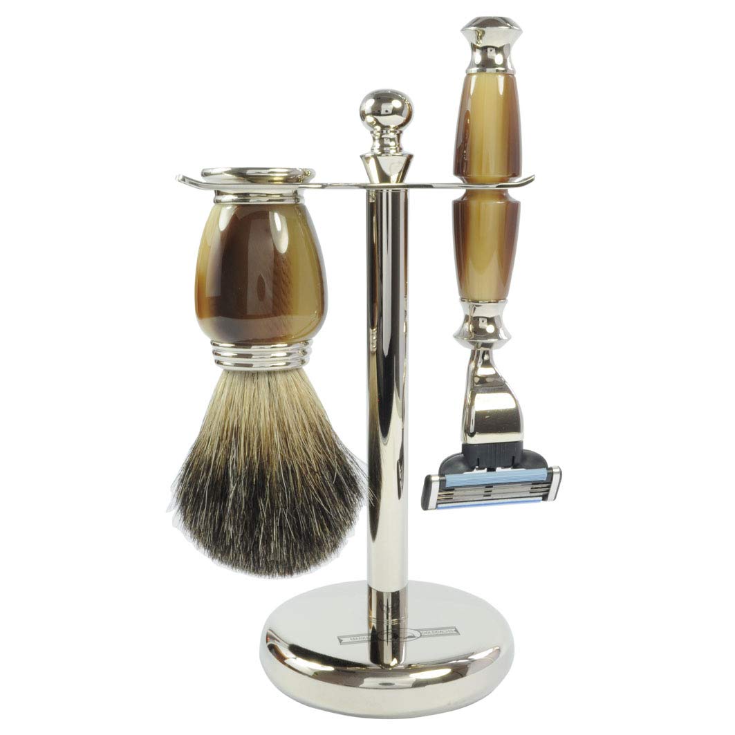 Golddachs Galalith Shaving Set, Silver, Artificial Horn/Brass Fitting, 100% Badger Hair