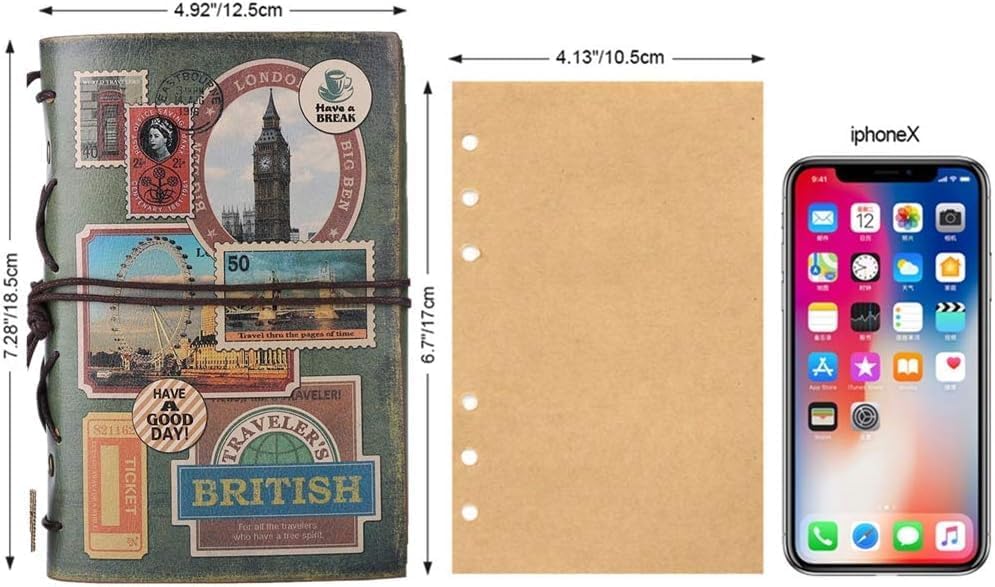Alokik Enterprise London Vintage Leather Journal Notebook A5 Refillable Diary with Travel Theme Cover Lock Strap | Line Pages and Zipper Pocket | Retro Cover Designfor Writing, Travel, Sketching & Gift