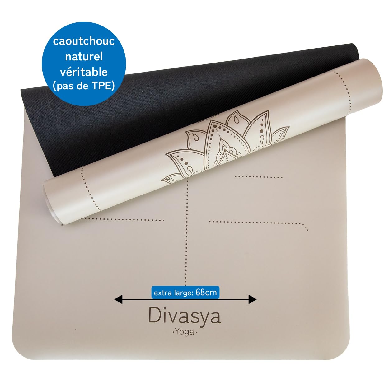 Tapis de yoga: caoutchouc naturel véritable antidérapant & adhérence maximale, extra large, long & épais (185x68x0,45cm), sangle de transport, également tapis Pilates