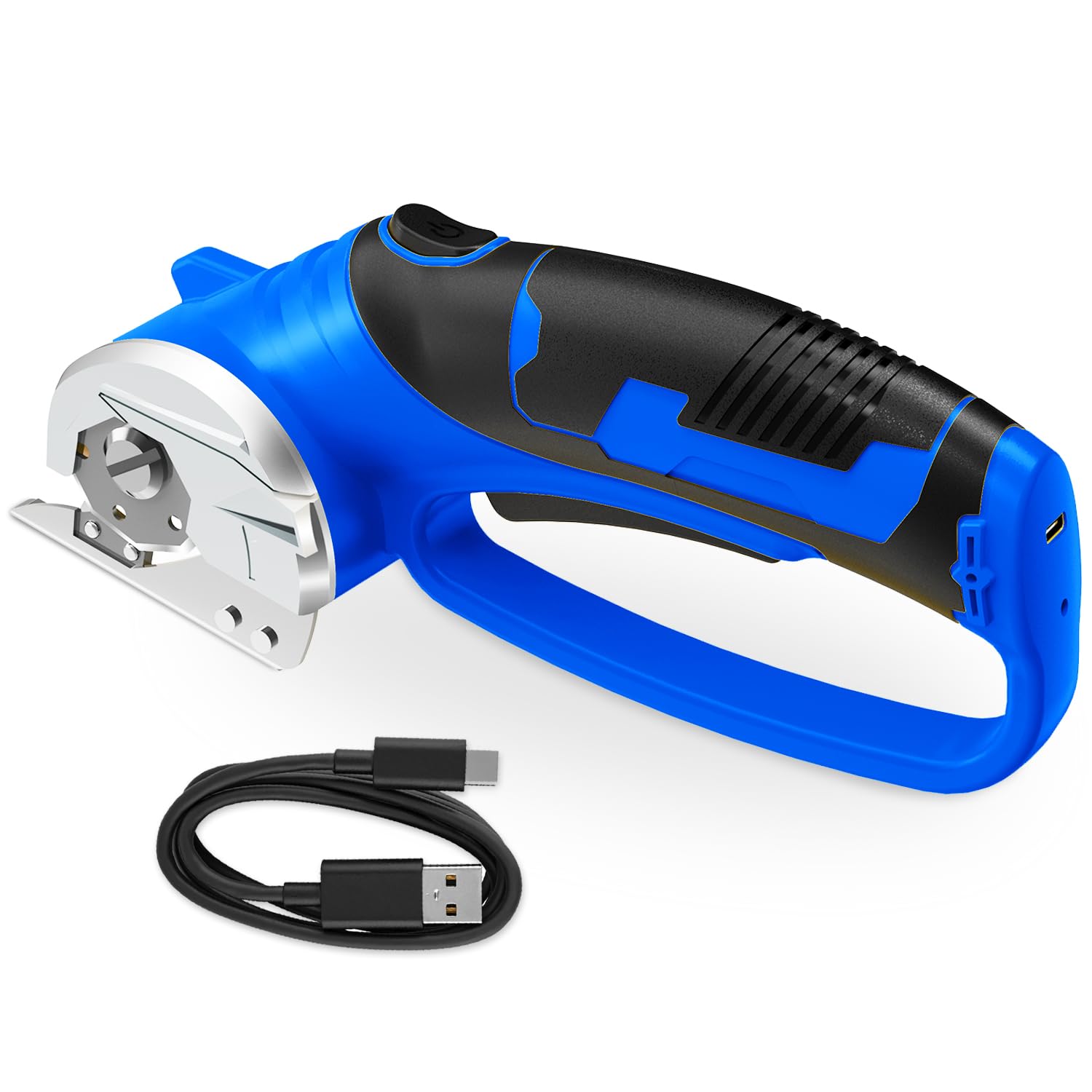 Cordless Electric Scissors, 4V Rechargeable Box Cutter &amp; Cardboard Cutter with Titanium Blade, LED Light, Safety Lock - Rotary Cutter for Fabric, Leather, Carpet, Plastic, Crafting, Sewing(Royal Blue)