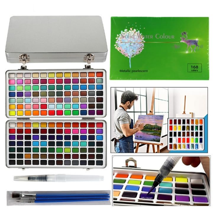 LEROKAS Portable Solid Water Color Paint Set 168 Colors Sketch Watercolor Palette Kit & Storage Case,Multicolour-image-23